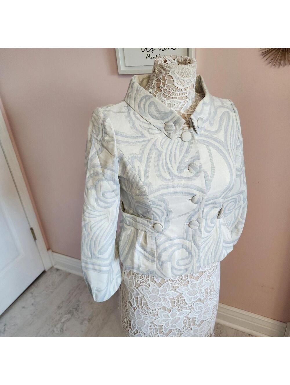 LKNW Tabitha Pale Blue White Metallic Cropped Brocade Blazer Jacket 4